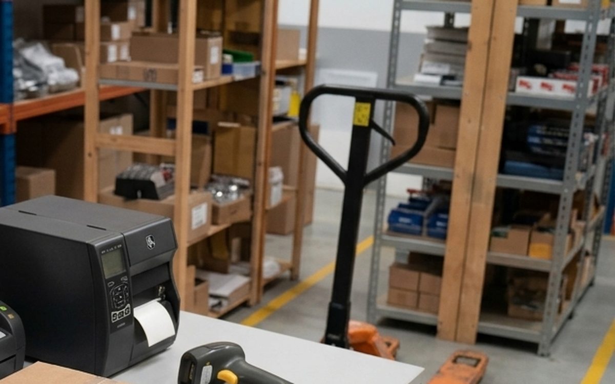 Shelving with stocked cartons and bins in the storage area