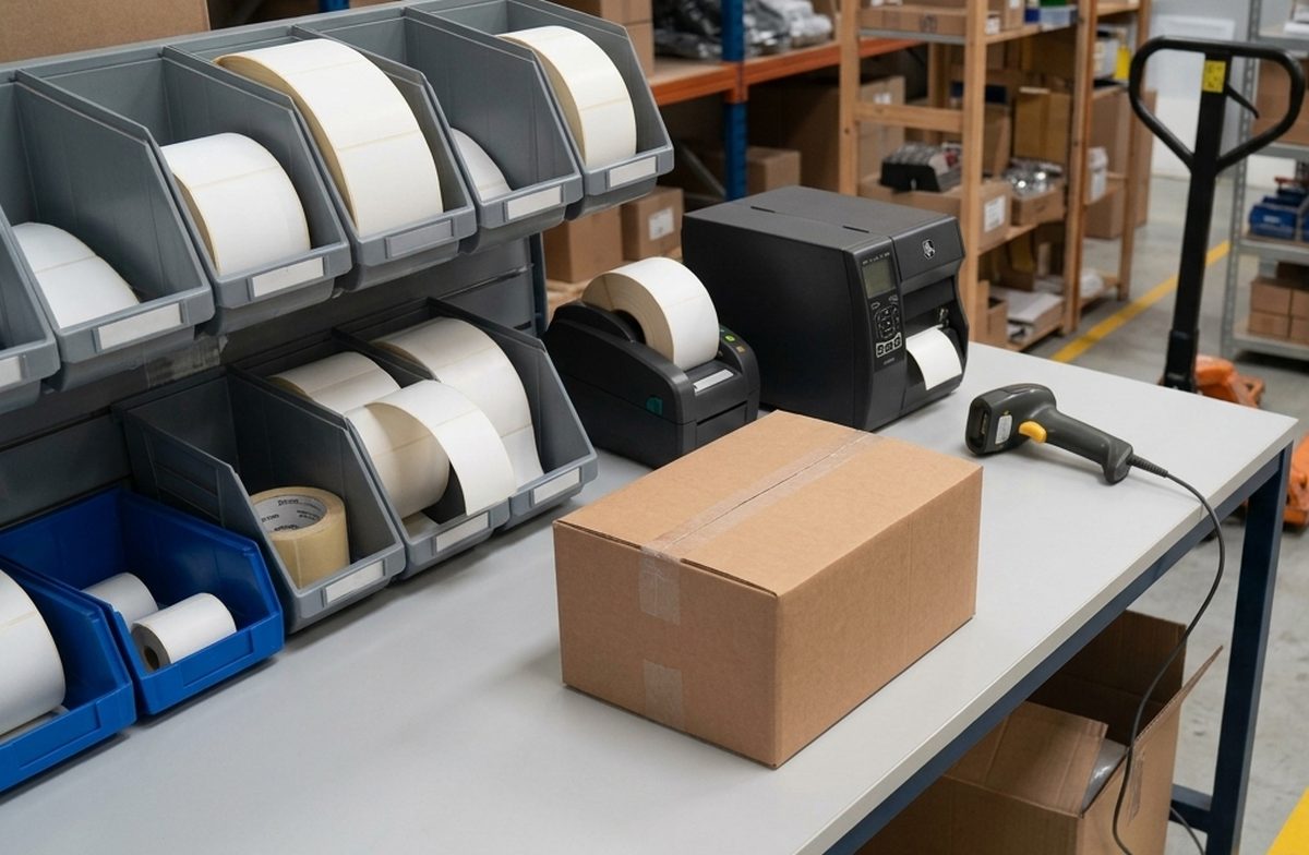 Labeling and packing station: label printers, a barcode scanner, and a packed carton on the bench